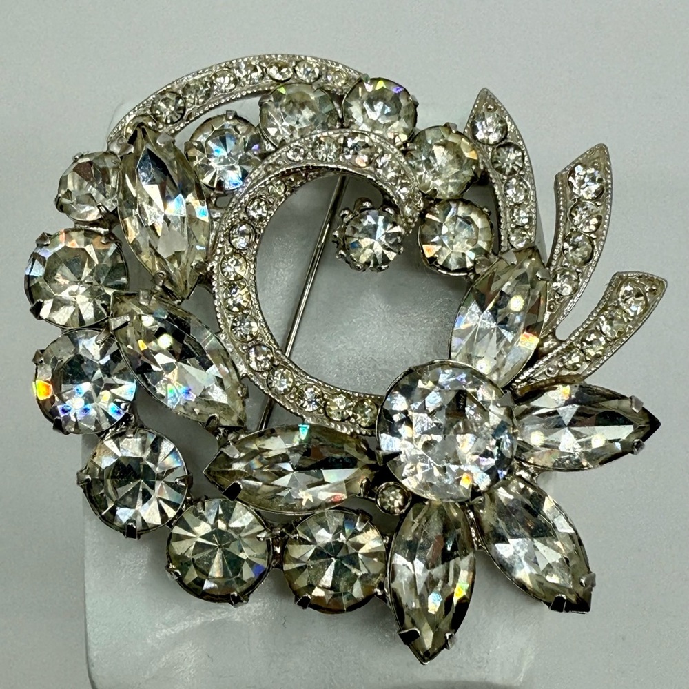 Vintage Signed Eisenberg Ice Clear Rhinestone Brooch 2”